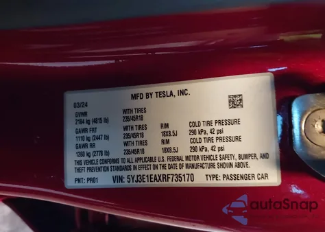 2024 Tesla Model 3 Long Range Dual Motor All-Wheel Drive/Rear-Wheel Drive from USA, damaged, VIN 5YJ3E1EAXRF735170